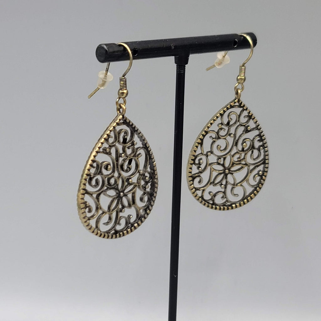 Pierced Earrings Bronze tone Filigree Teardrop Dangle 1.5"