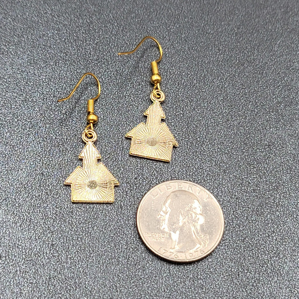 New Halloween House Pierced Earrings Purple Orange Enamel Gold tone Dangle 7/8"