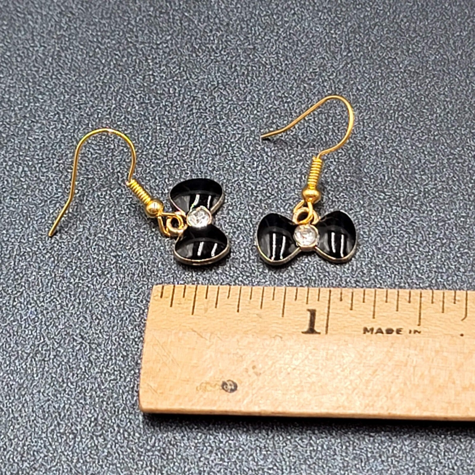 Bow Pierced Earrings Gold tone Crystal Black Enamel Dangle 3/8"