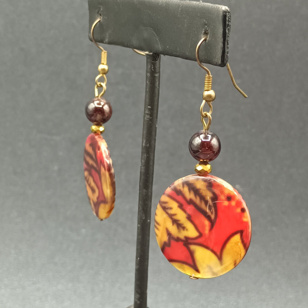 Pierced Earrings Gold tone Multicolor Acrylic Round Leaf Bead Dangle 1 1/2"