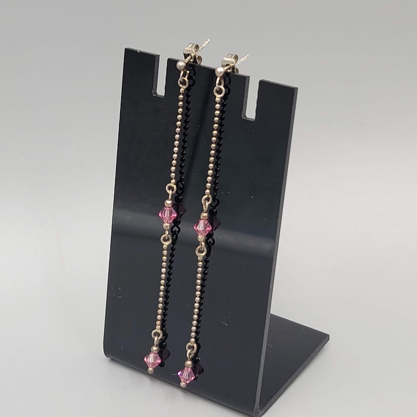 Long Pink Crystal Pierced Earrings Silver tone Dangle  3"