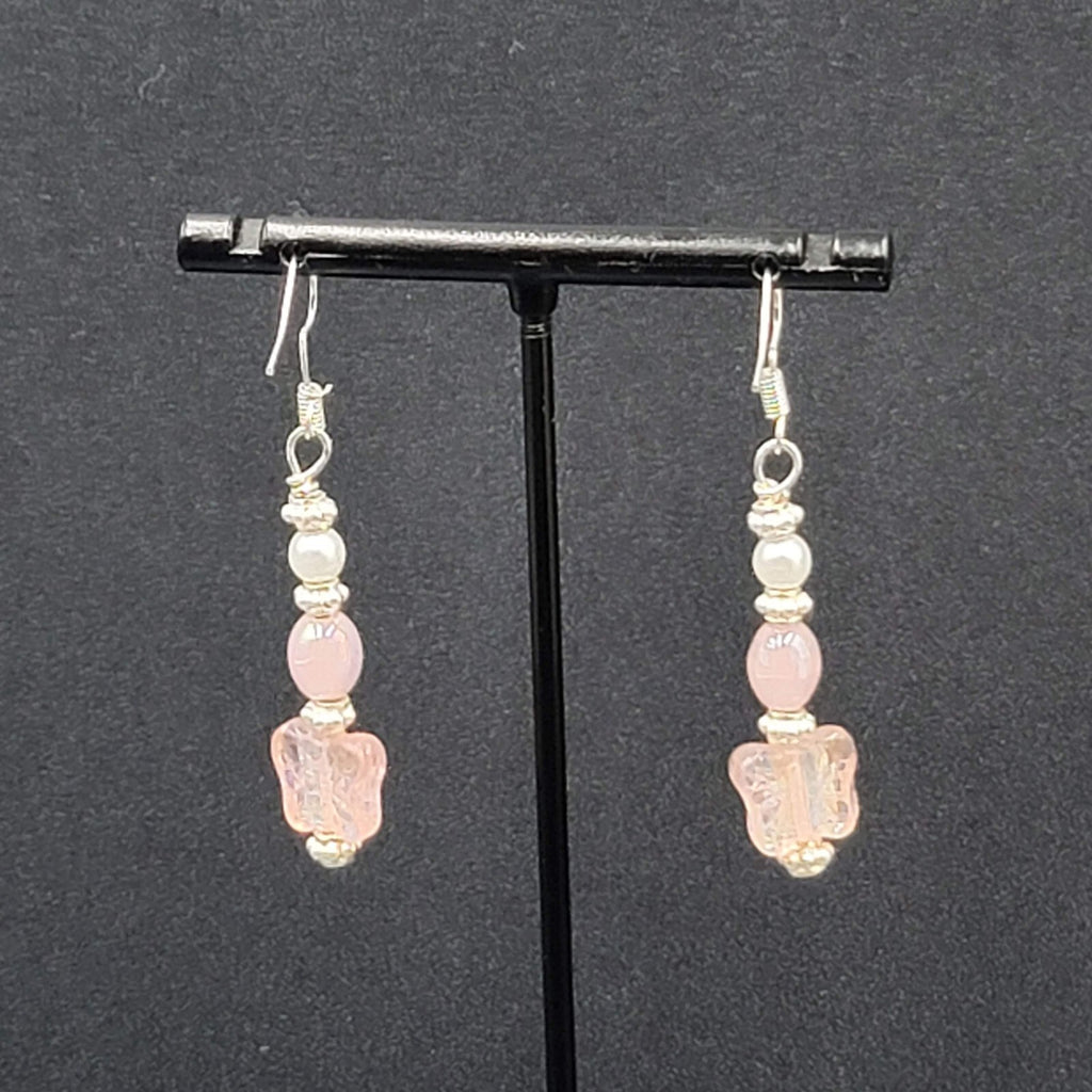 New Pierced Earrings Silver tone Iridescent Butterfly Bead Dangle Pink 1.5"