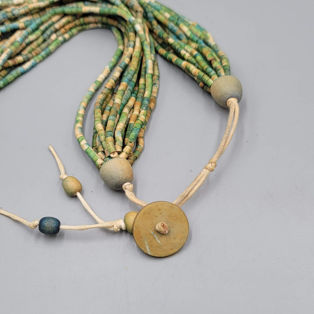 Multistrand Green Tan Bead Necklace Coconut Button Closure Adj 18"-20"