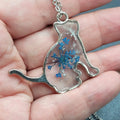 Cat Moon Necklace Silver tone Real Flower Resin Pendants 2 & one chain 18"