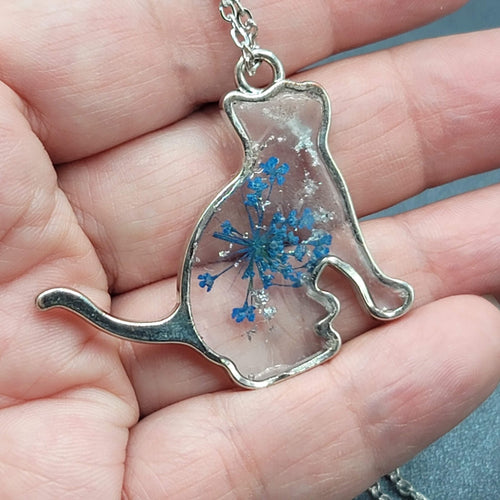 Cat Moon Necklace Silver tone Real Flower Resin Pendants 2 & one chain 18"