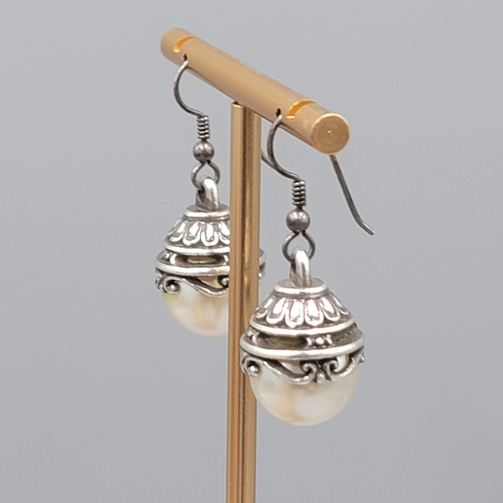 Oxidized Silver tone Faux Pearl Pierced Earrings Dangle 7/8"