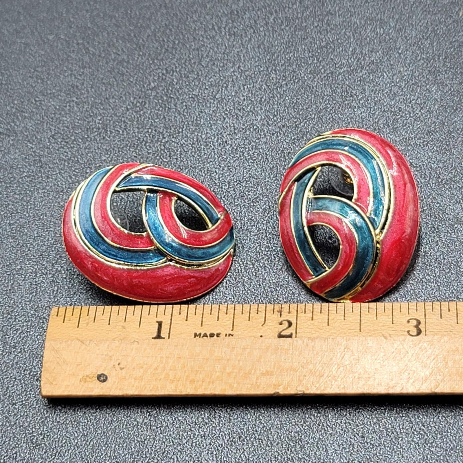 Vintage Pierced Earrings Blue Pink Enamel Drop Open Work 1.5"