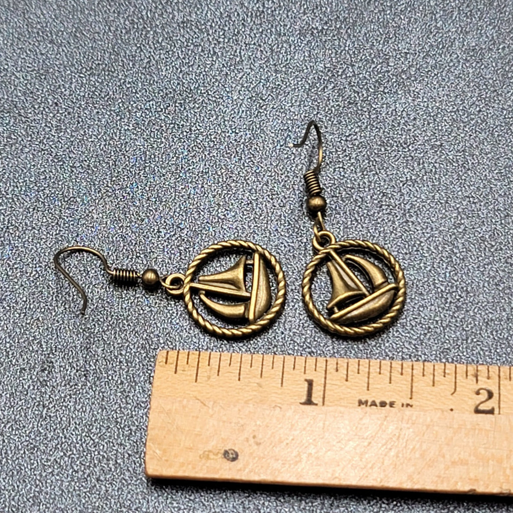 New Sailboat Pierced Earrings Bronze tone Ships Beach Sea Nautical Dangle 3/4"