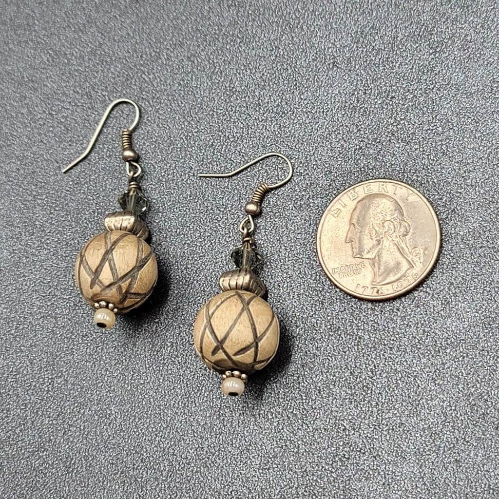 Vintage Pierced Earrings Silver tone Crystal and Wood Carved Bead Dangle 1.5"