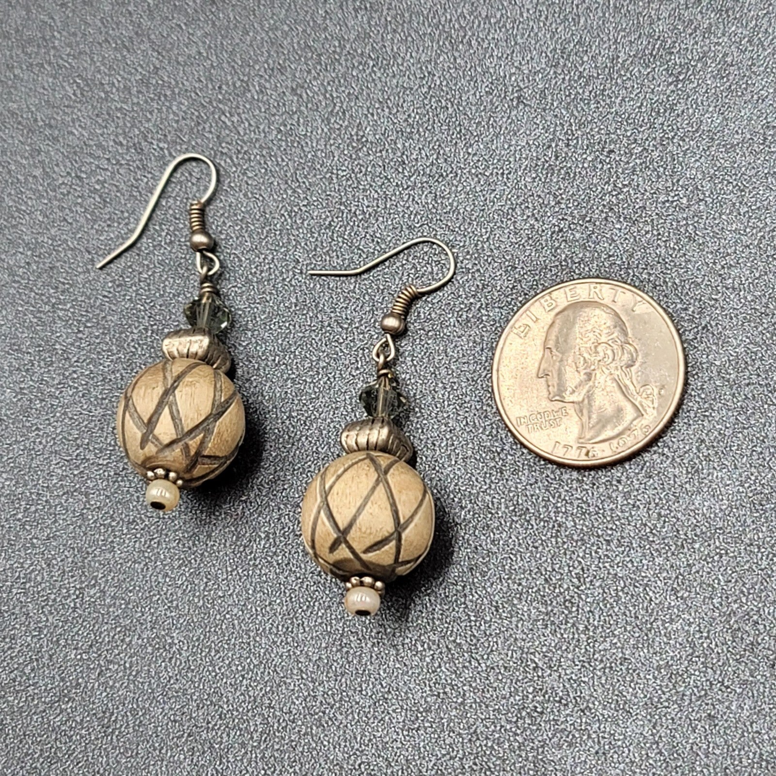 Vintage Pierced Earrings Silver tone Crystal and Wood Carved Bead Dangle 1.5"