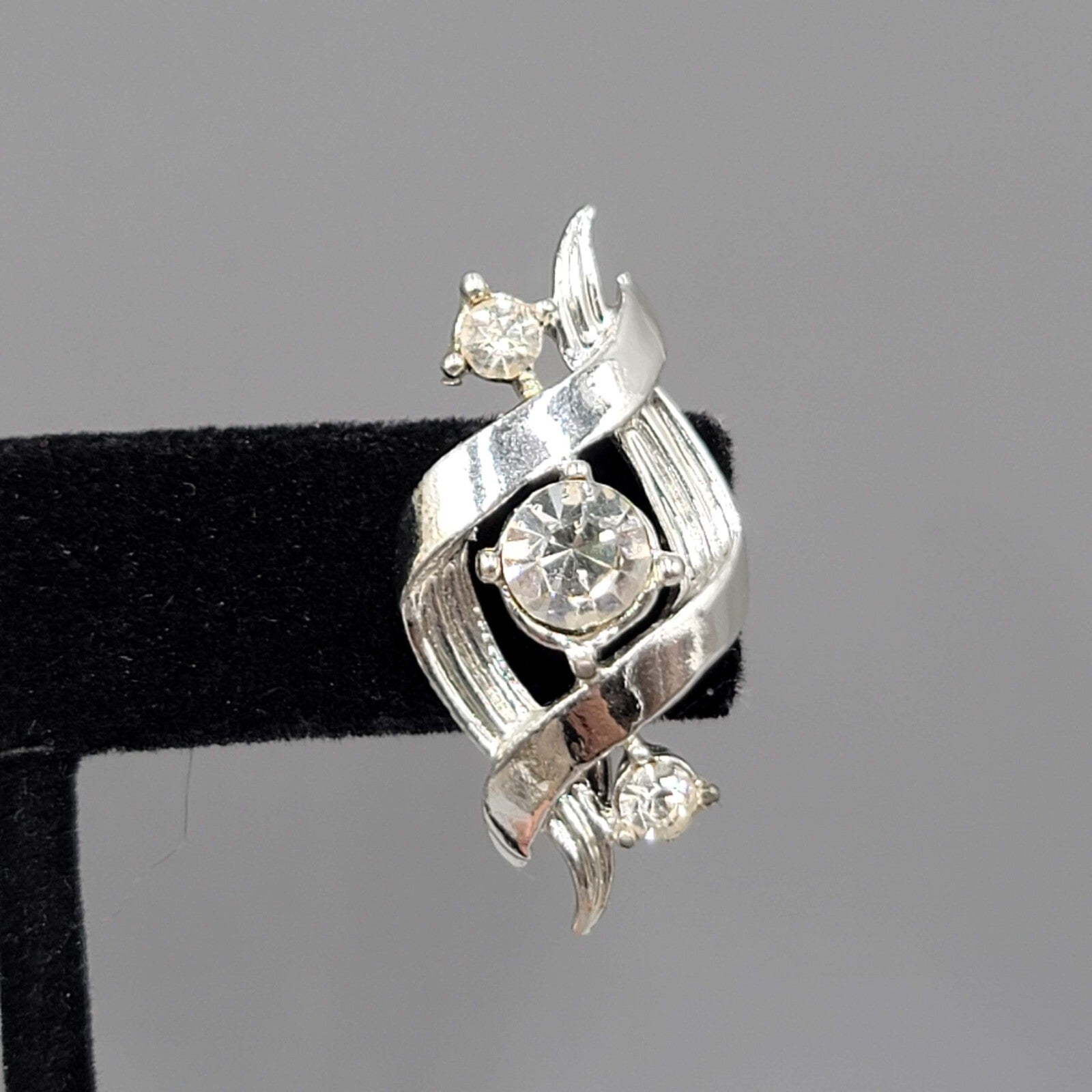Vintage Clip on Earrings Silver tone Climber Rhinestone Twirl 1 1/8"