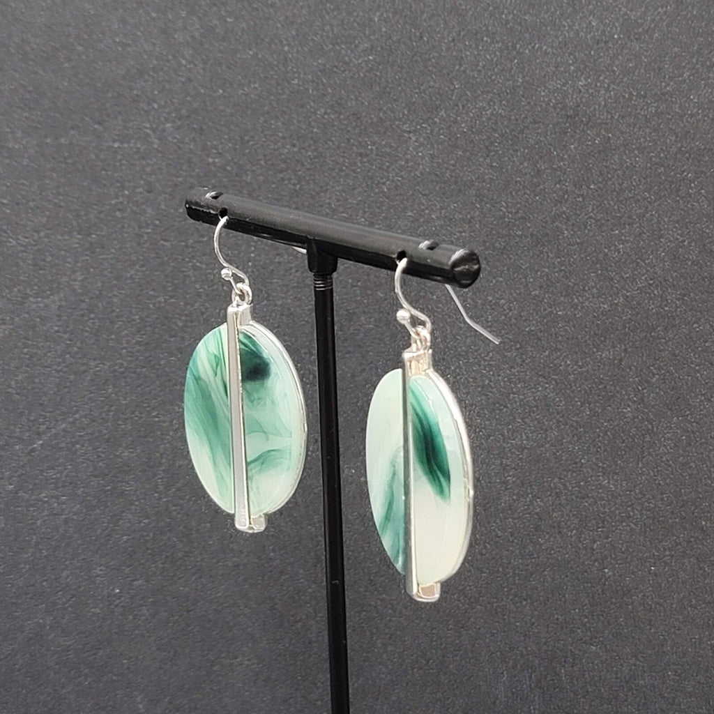 Pierced Earrings Silver tone Green White Resin Oval Dangle 1 3/8"
