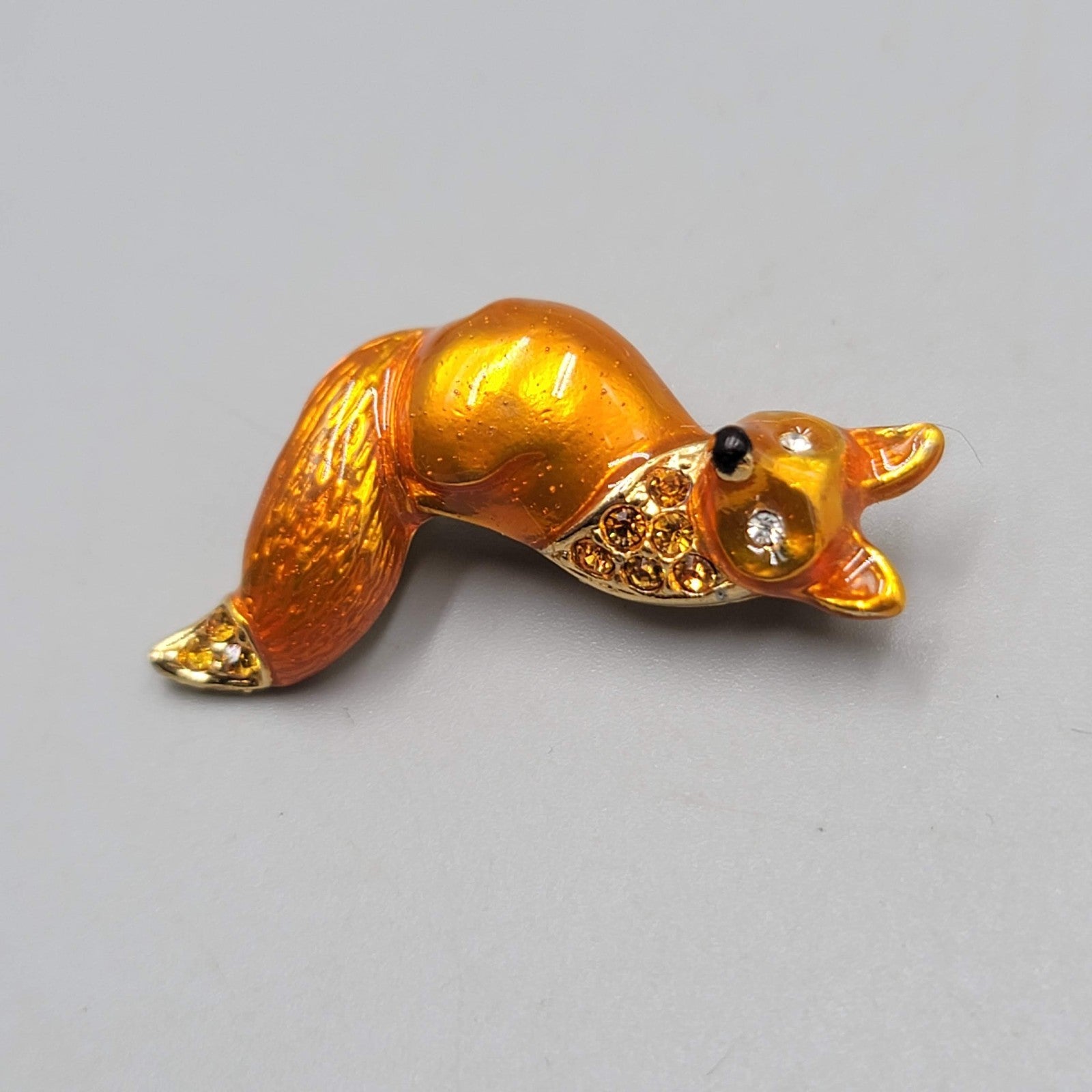 Fox Enamel Brooch Rhinestone Forest Friend Animal Gold tone  1.5"
