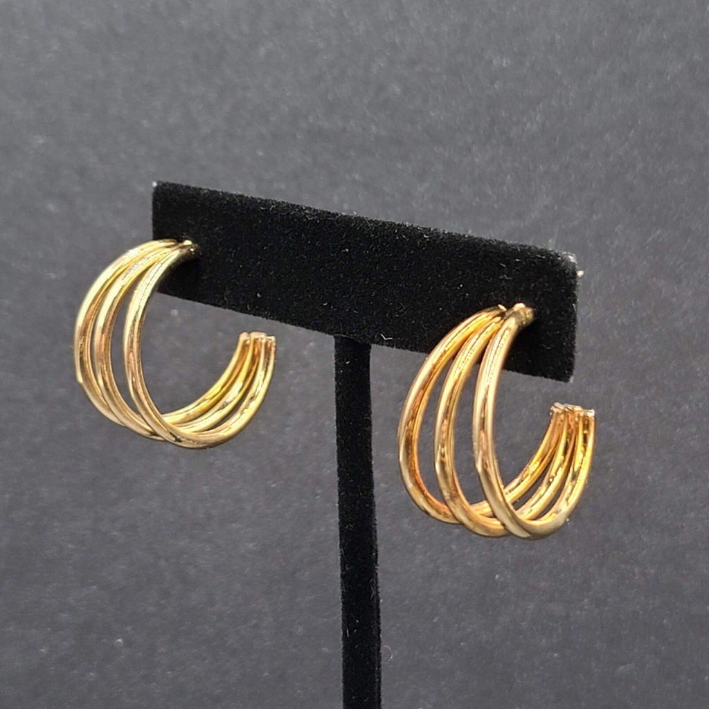 Pierced Earrings Triple Hoops Gold tone 1" Costume Jewely