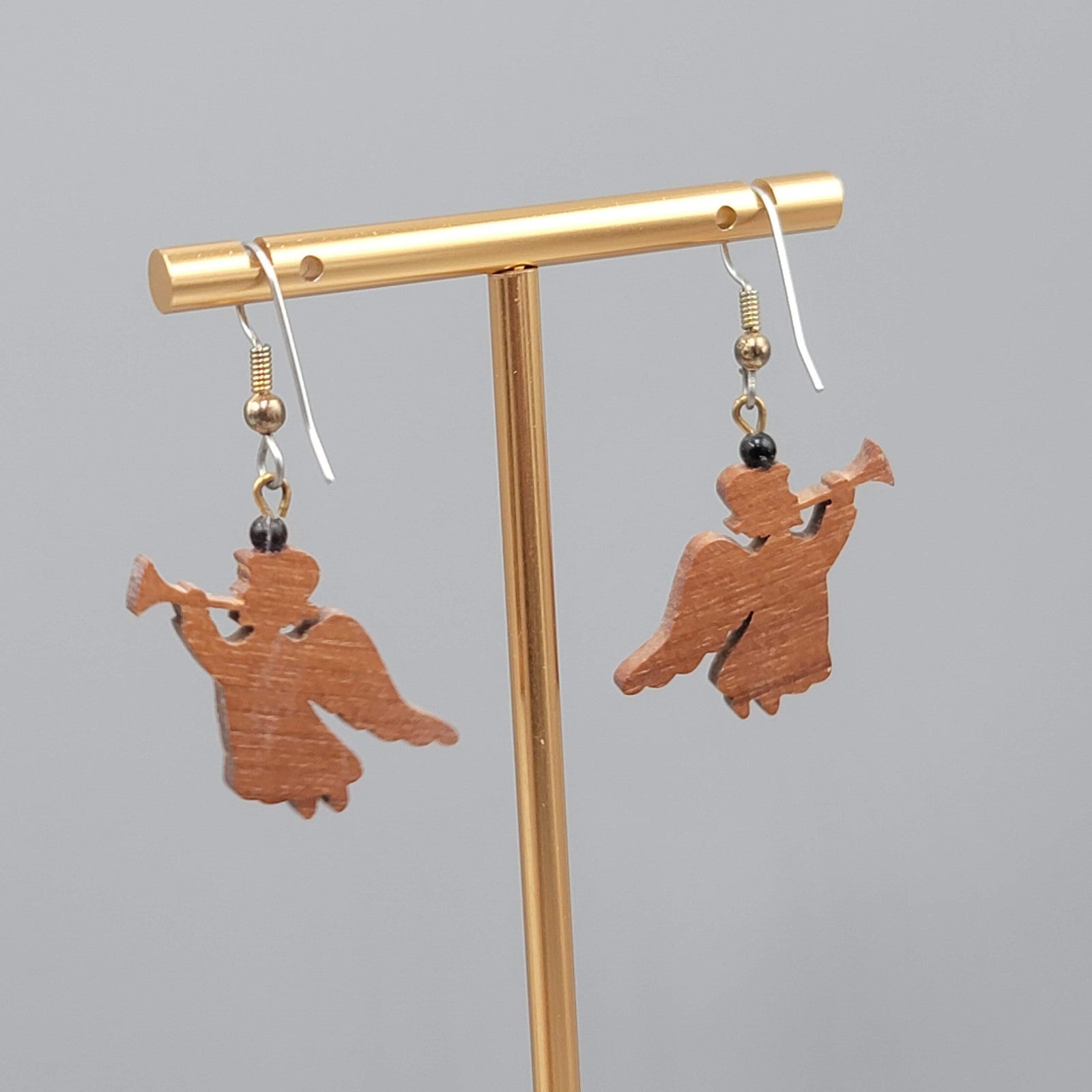 Vintage Wood Angel Pierced Earrings Silver tone Dangle  1 in