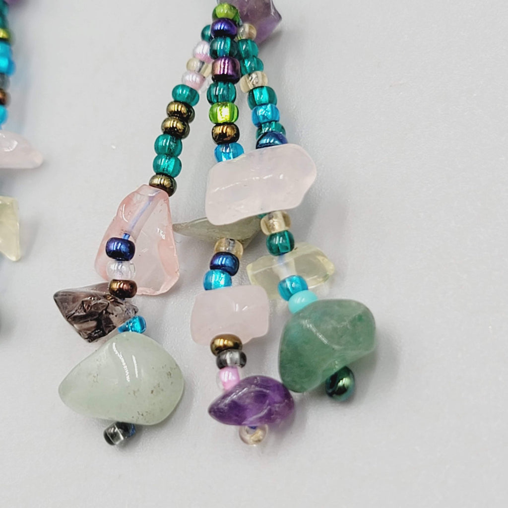 Bohemian Dangle Pierced Earrings Gemstone Chips Seed Bead Silver tone 1.75"