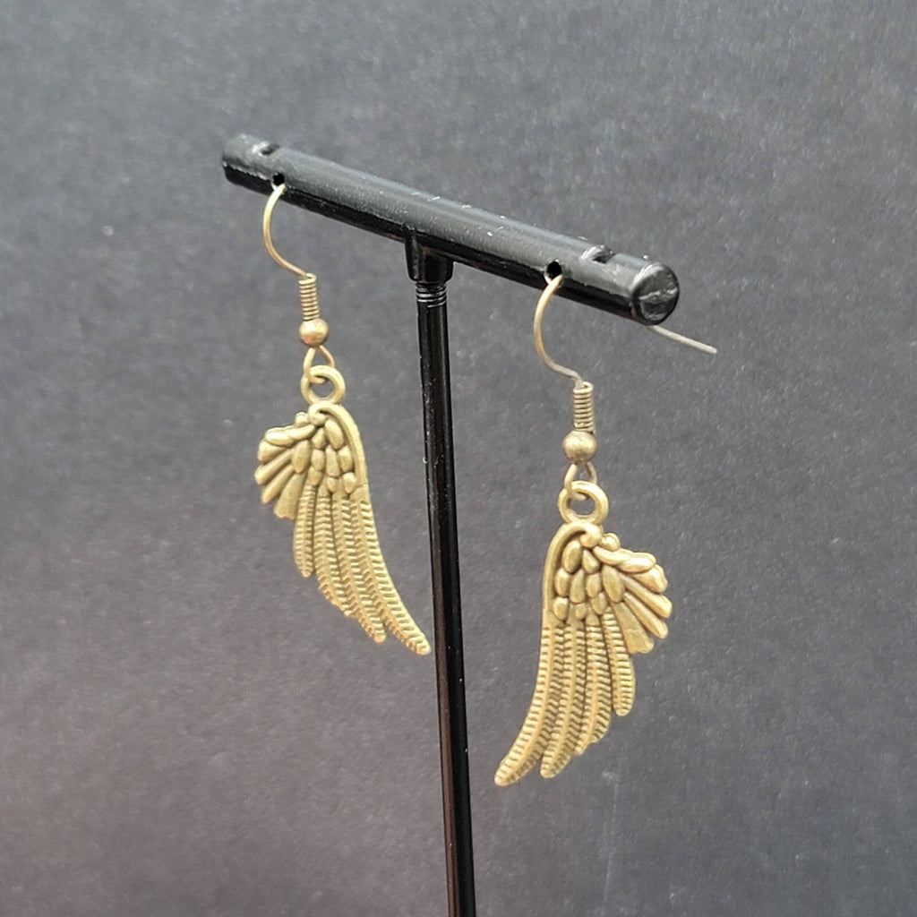 Feather Wings Pierced Earrings Bronze tone Metal Embossed Dangle 1 1/8"