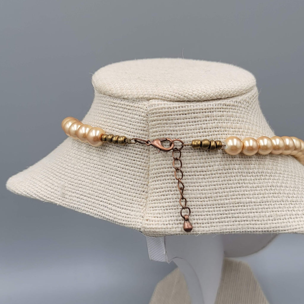 Bead Necklace Imitation Pearl Wood and Copper Mesh Beads  18"