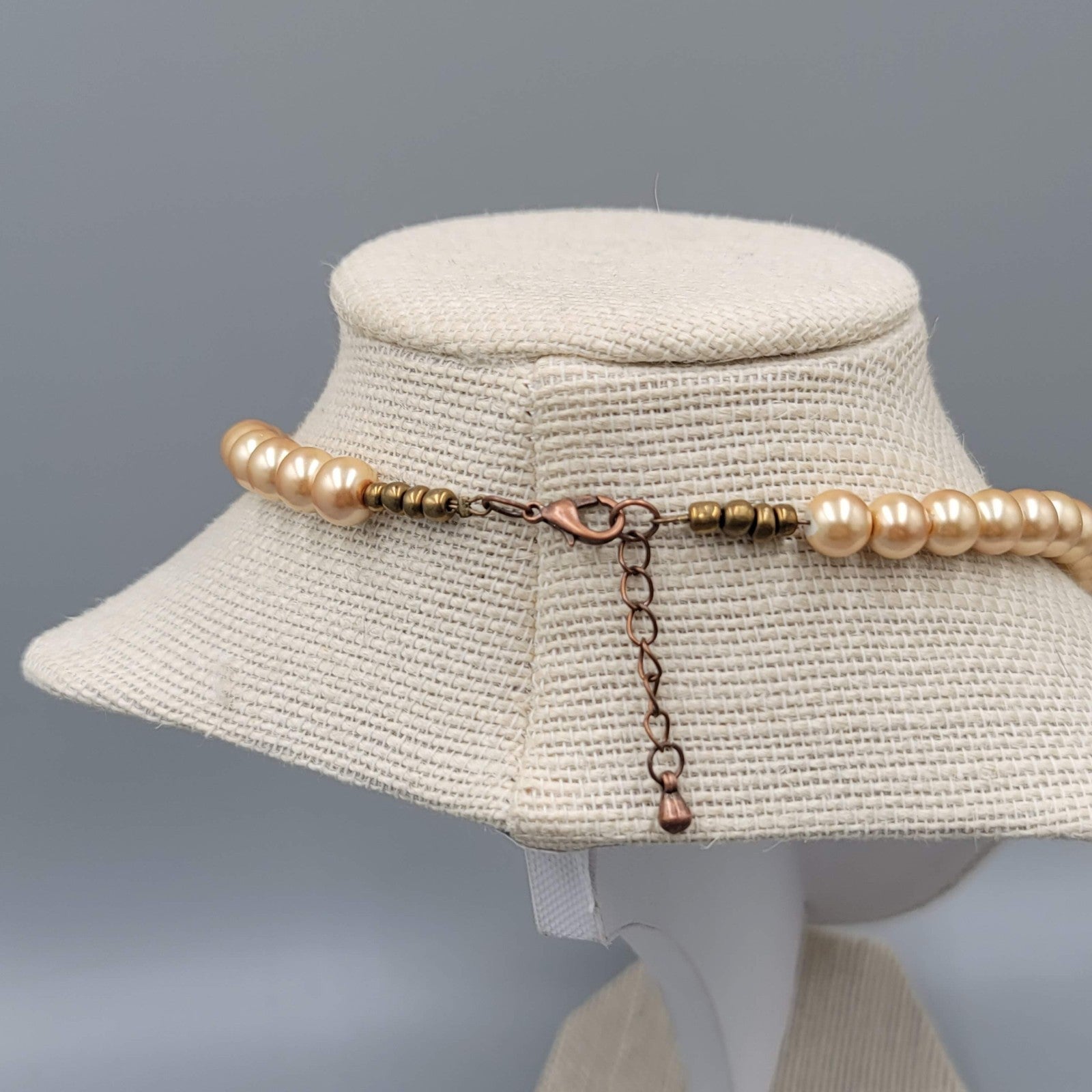 Bead Necklace Imitation Pearl Wood and Copper Mesh Beads  18"