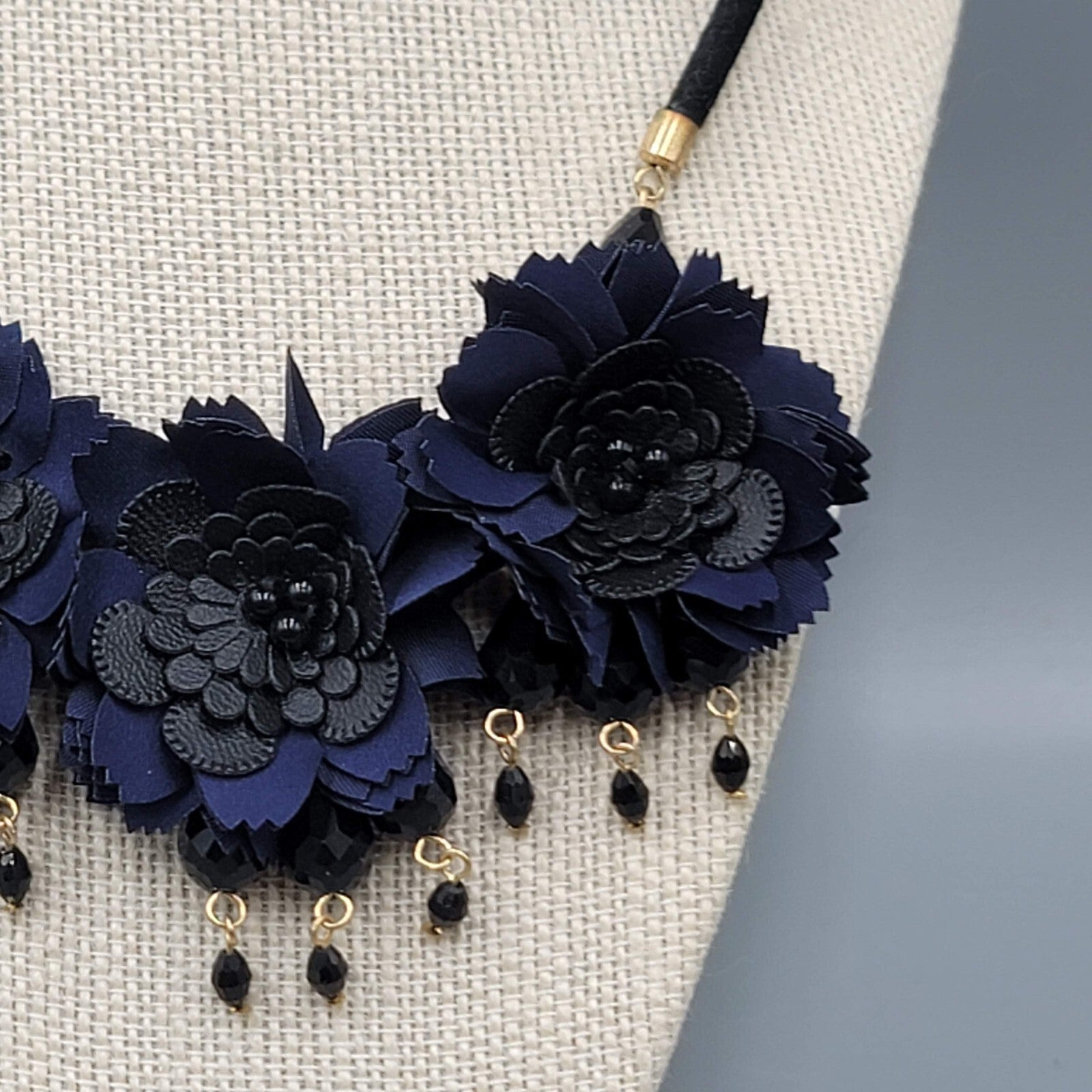 Dark Blue Fabric Flower Statement Necklace Black Cord Gold tone 18"