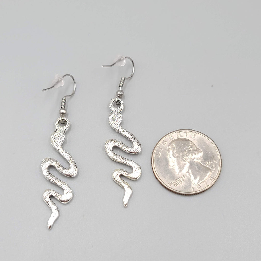 Snake Pierced Earrings Silver tone Embossed Dangle 1.5"