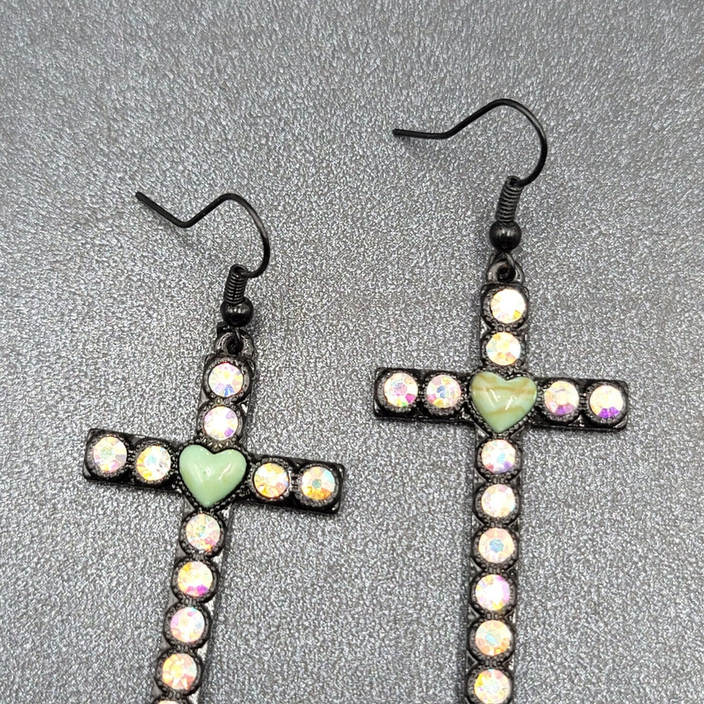 Cross Heart Pierced Earrings Black Metal Enamel AB Rhinestones Dangle 1 7/8"