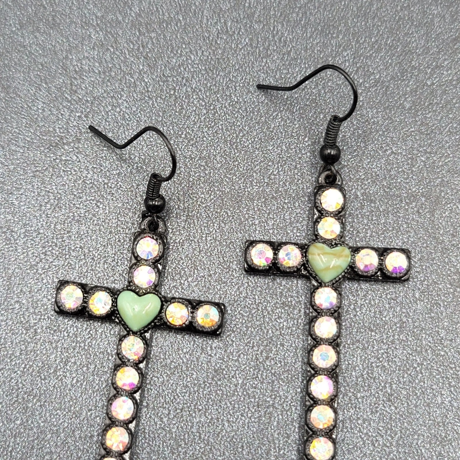 Cross Heart Pierced Earrings Black Metal Enamel AB Rhinestones Dangle 1 7/8"