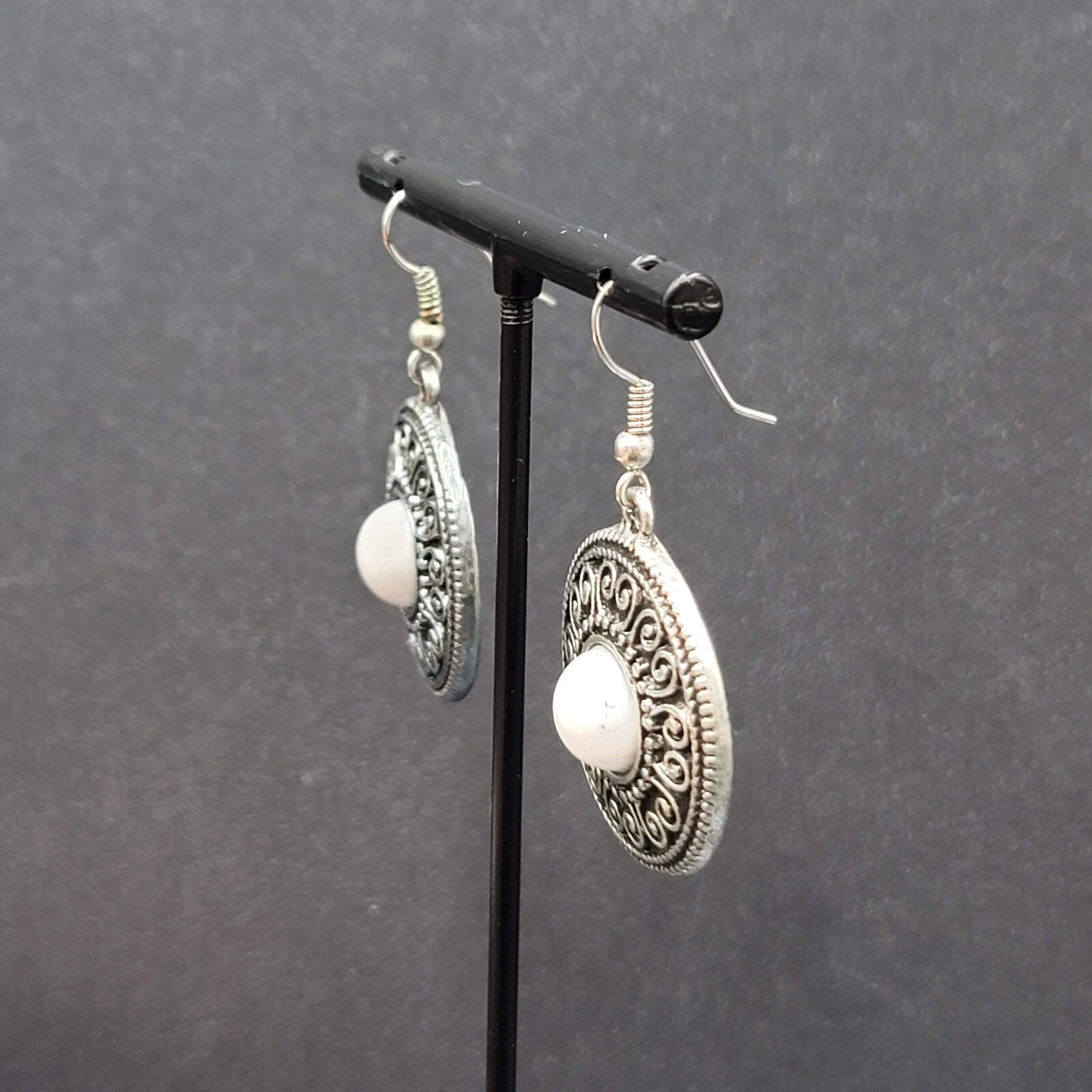 Pierced Earrings Silver tone Medallion Dangle White Center Accent  1"