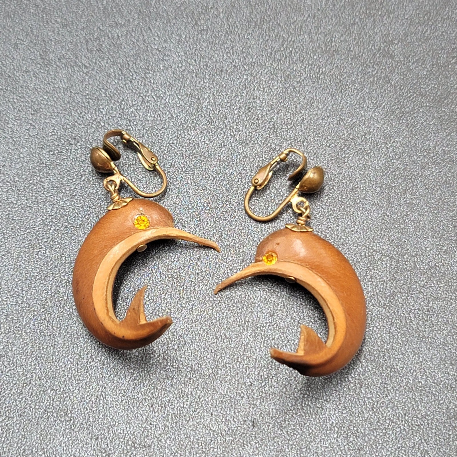 Vintage Clip on Earrings Gold tone Carved Dolphin Dangle Rhinestone 1 5/8"