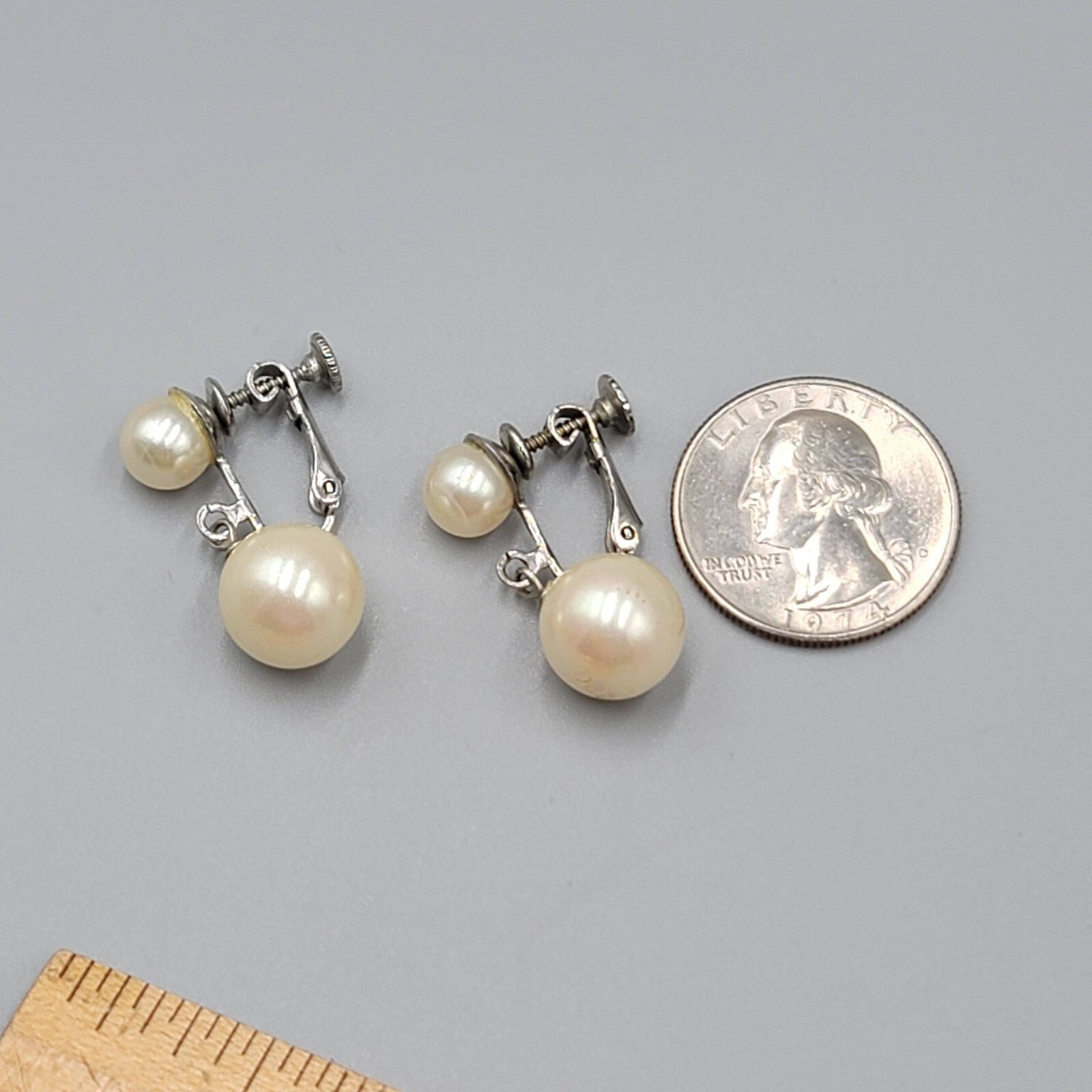 Vintage Clip on Earrings White Bead Dangle Silver tone Screw Back 1"