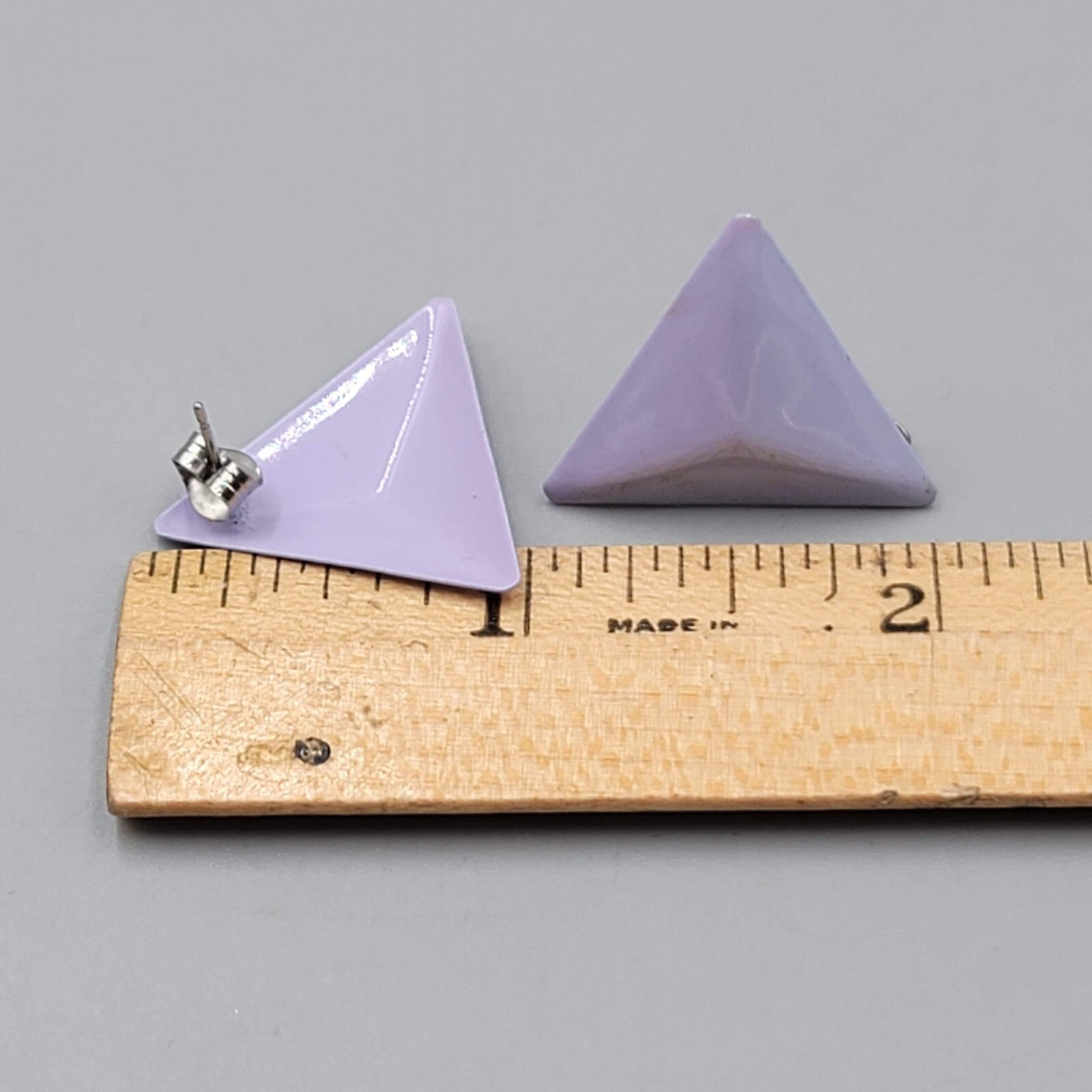 Vintage Light Purple Enamel Triangle Pierced Earrings 7/8"