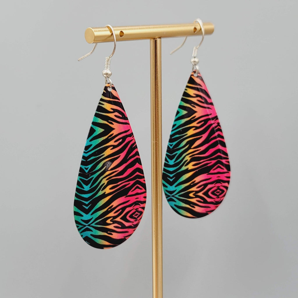Statement Large Teardrop Pierced Earrings Multicolor Tiger Stripes 2.25"