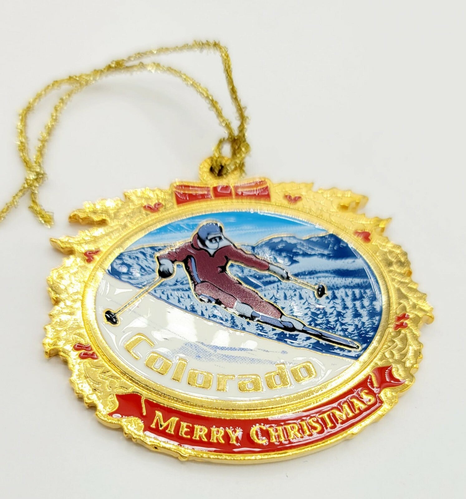 Brass Colorado Christmas Ornament Ski Sanborn Metal Souvenir 2 1/2"  x 2 1/4"