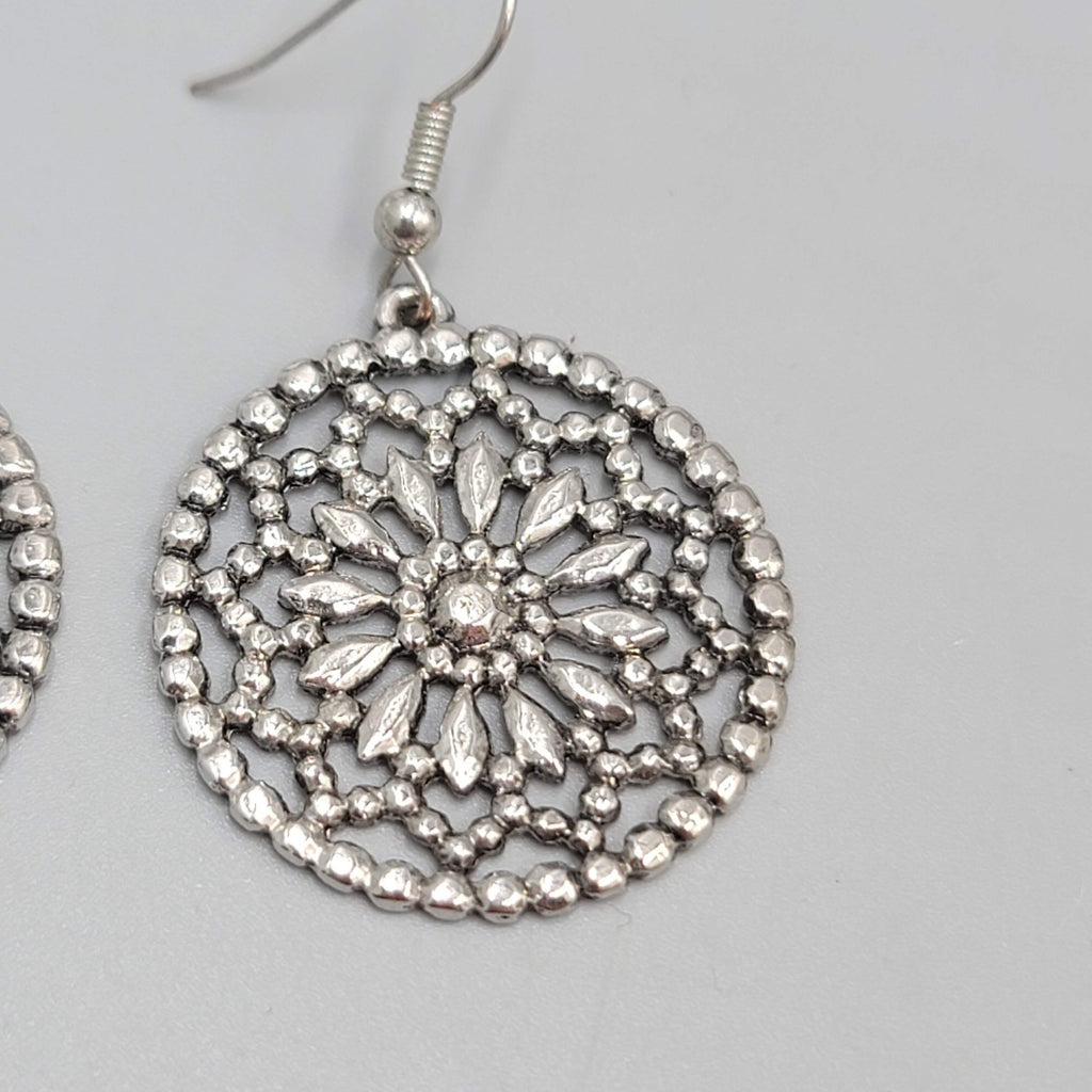Open Work Flower Medallion Pierced Earrings Silver tone Dangle 1.25 in