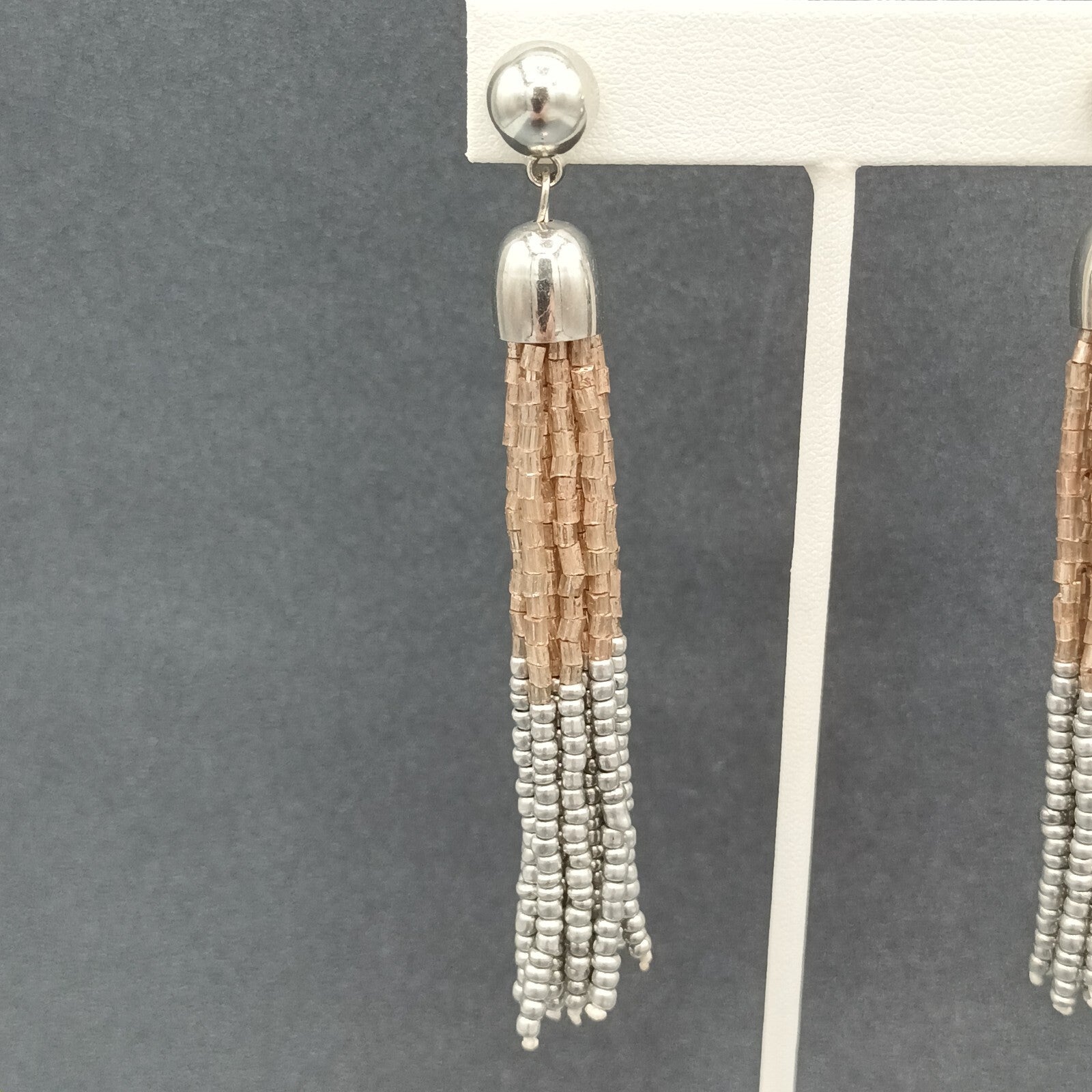 Pierced Earrings Gold and Silver tone Seed Bead Multi Strand Dangle 3.75"