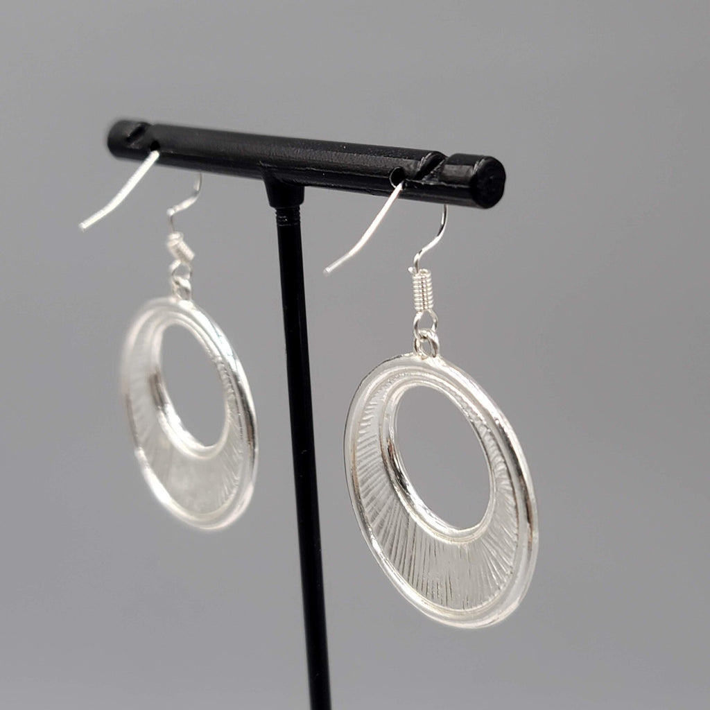 Open Circle Pierced Earrings Silver tone Black Enamel Dangle 1.25"