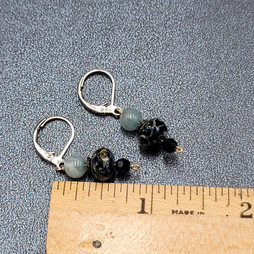 Pierced Earrings Silver tone Blue Stone Bead Dangle 3/4"