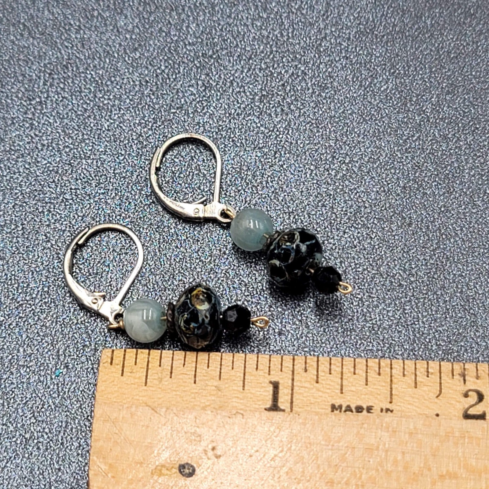 Pierced Earrings Silver tone Blue Stone Bead Dangle 3/4"