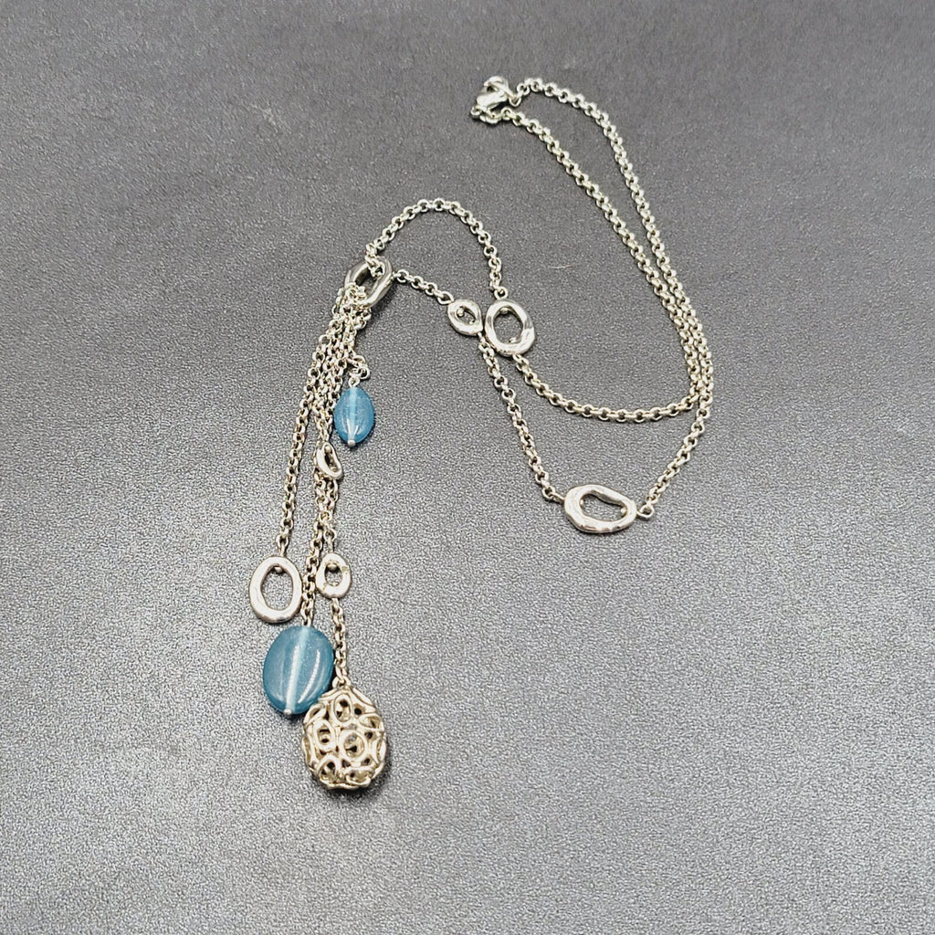 Y Necklace Hematite Silver tone Blue Bead Accent Multi Chain 18" + 5"
