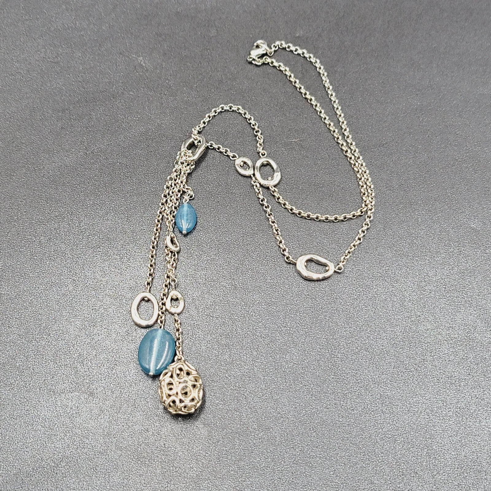 Y Necklace Hematite Silver tone Blue Bead Accent Multi Chain 18" + 5"