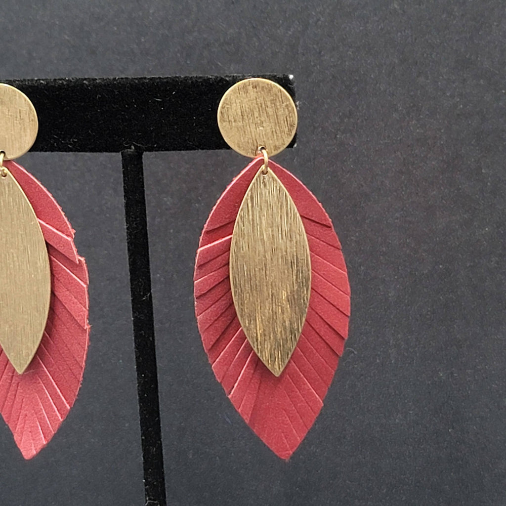 Pierced Earrings Gold tone Large Statement Red Fringe Dangle 2 7/8"