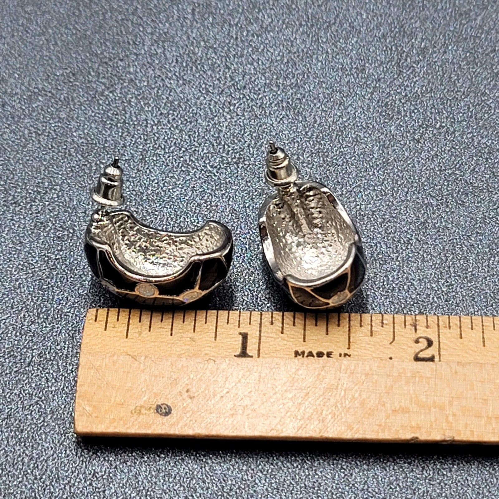 Vintage Pierced Earrings Black Enamel White Glitter Dots Half Hoops 7/8"