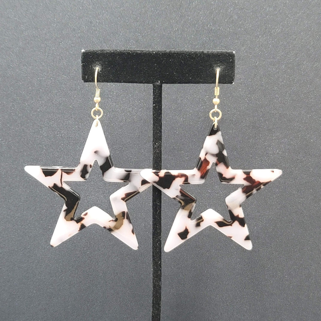 Pierced Earrings Gray Black Resin Large Open Star Dangle 2.5"