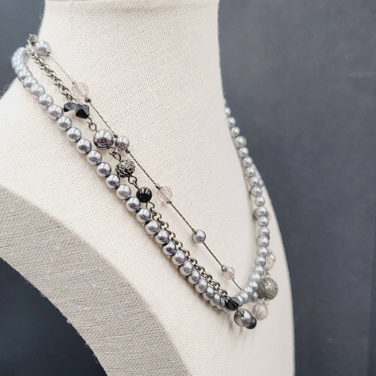 Triple Strand Black Chain Gray Bead Necklace 16"