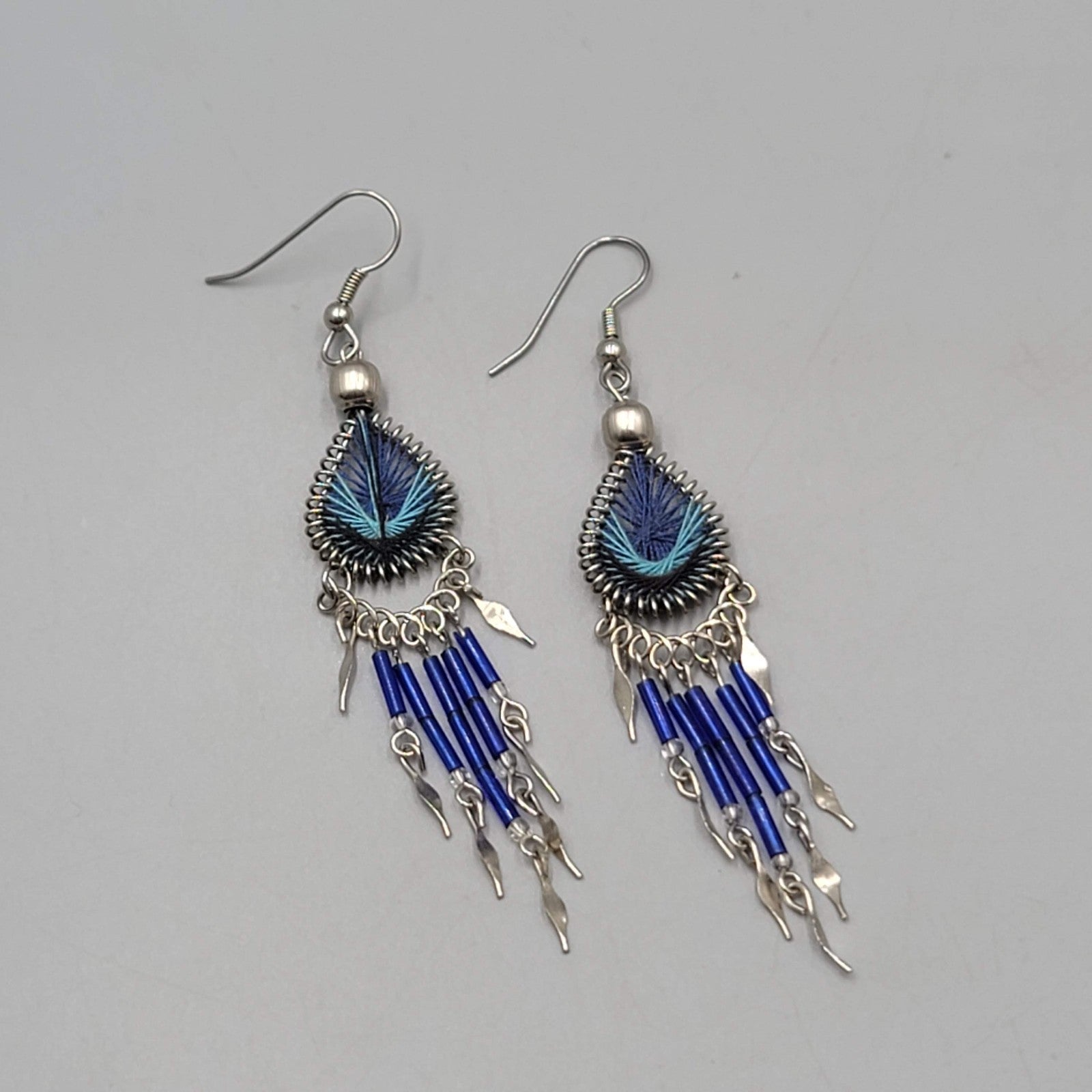 Boho Blue String Art Pierced Earrings Silver tone Dangle  2.75"