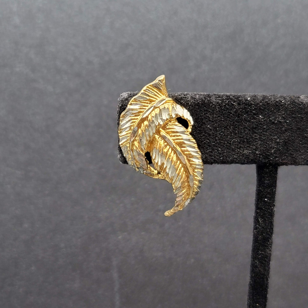 Sterling Silver Pierced Earrings 925 Gold Vermeil 2 Toned Drop Feather  1.25"