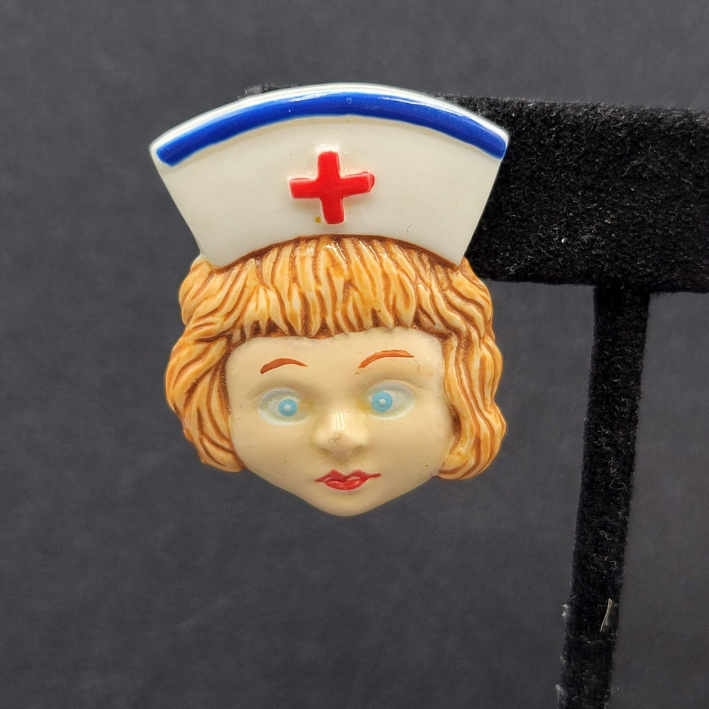 Vintage Pierced Earrings Acrylic Nurse Face Medical Fun Gift 1 3/8"