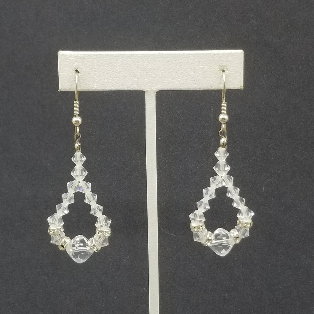 Pierced Earrings Silver tone Faceted Crystal Bead Loop Statement Dangle 1 5/8"