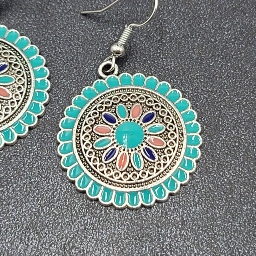 Pierced Earrings Silver tone Enamel Medallion Round Dangle Multicolor 1"