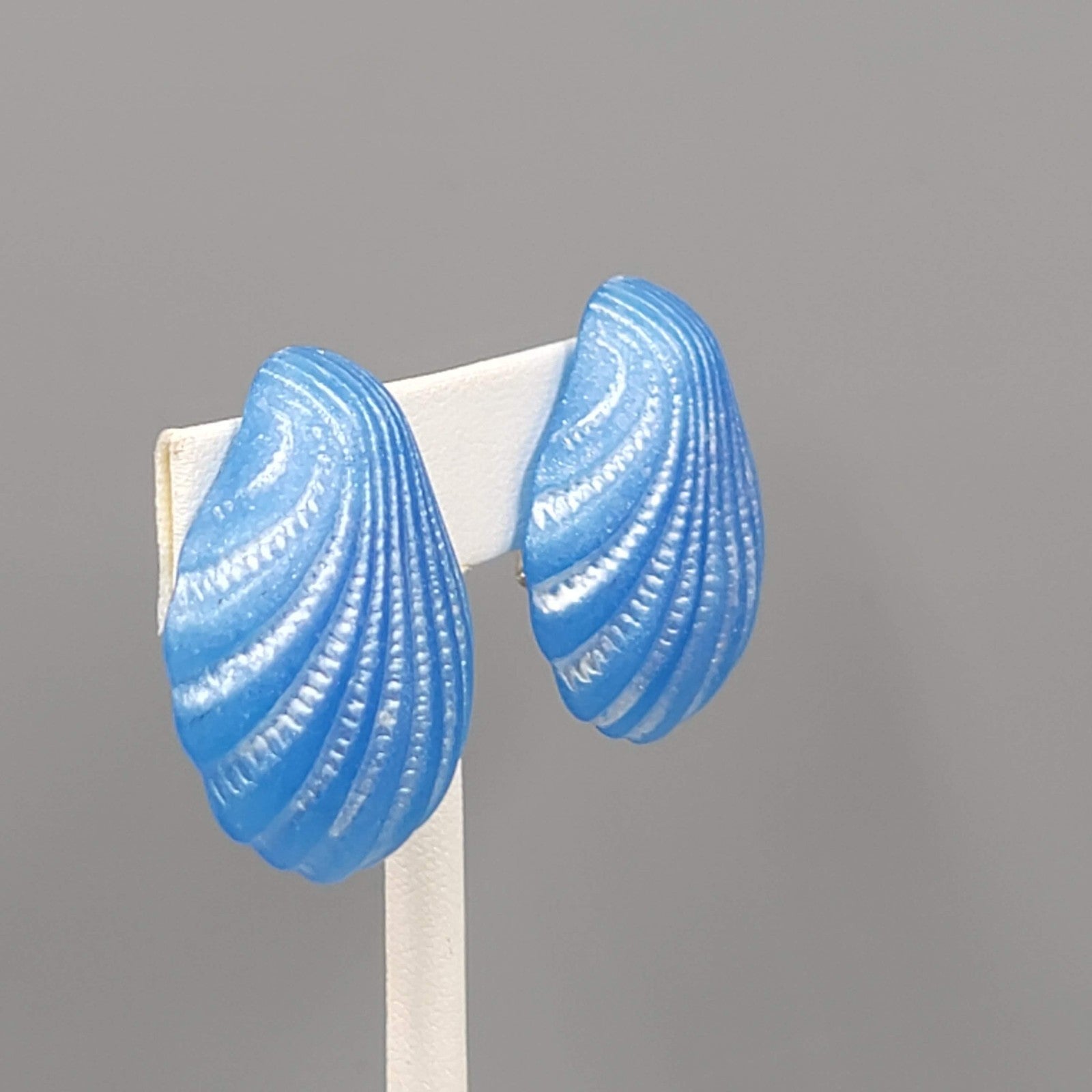 Vintage Blue Shell Clip on Earrings Acrylic Drop Statement Nautical 1 3/8"